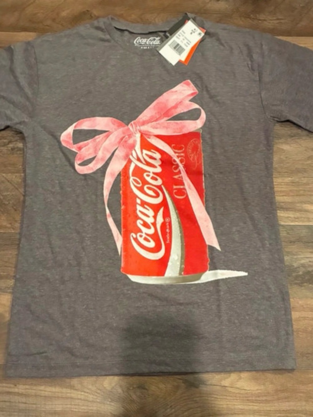 Coca Cola Gray Short Sleeve Tee with Red Can and Pink Bow Graphic